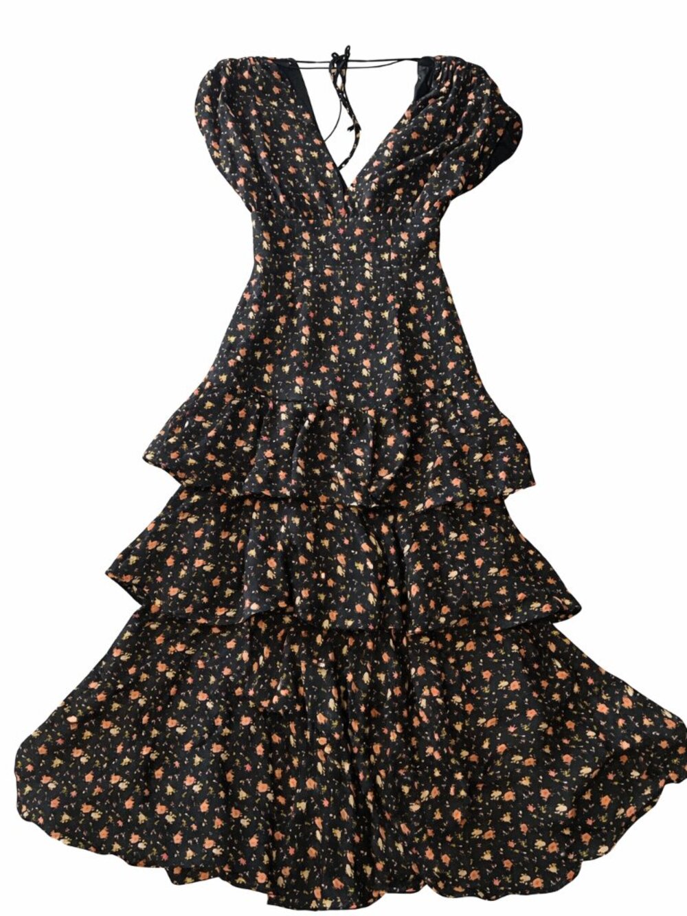WAYF Floral Maxi Dress XS Black Ditsy Tiered Ruffle V-Neck Puff Sleeve Slit NWT - Picture 2 of 5
